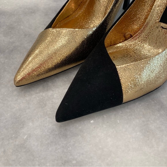 ZARA Black Suede Gold Metallic Foil Heels - Picture 4 of 11